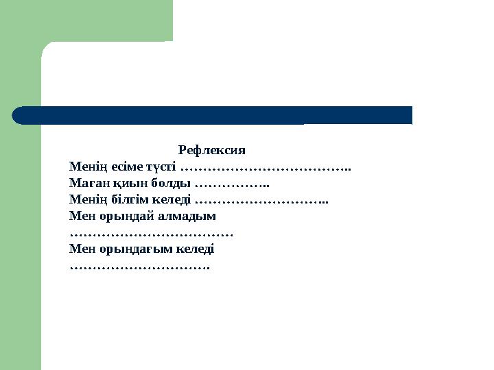 Рефлексия Менің есіме түсті ……………………………….. Маған қиын болды …………….. Менің білгім келеді ………………………... Мен орындай алмадым ………………