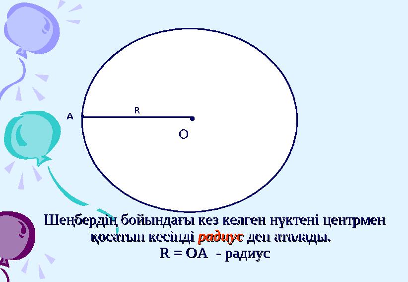 • O А • R Шеңбердің бойындағы кез келген нүктені центрмен Шеңбердің бойындағы кез келген нүктені центрмен қосат