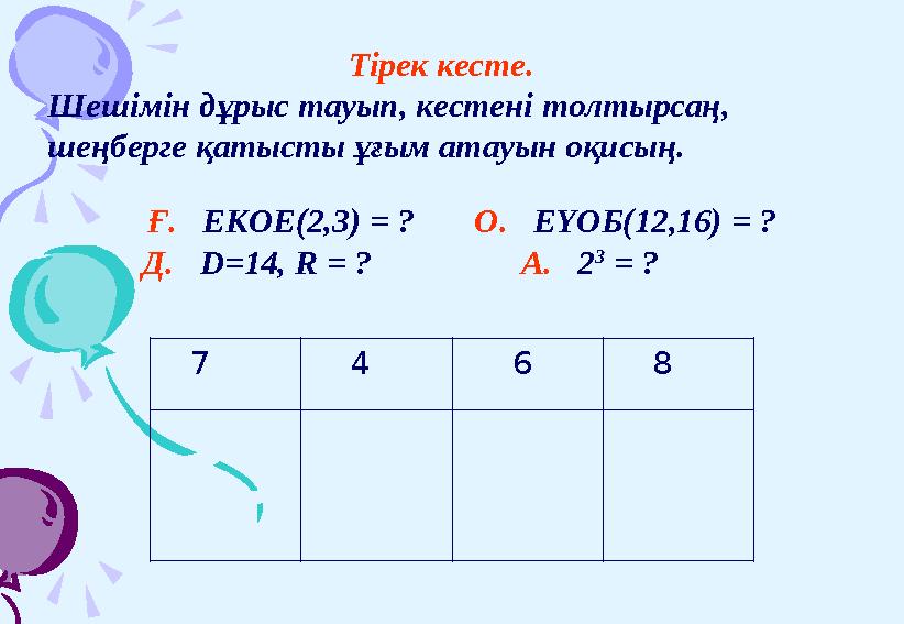 Тірек кесте. Шешімін дұрыс тауып, кестені толтырсаң, шеңберге қатысты ұғым атауын оқисың.