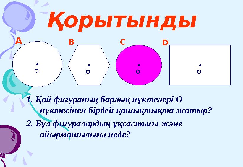 1. Қай фигураның барлық нүктелері О нүктесінен бірдей қашықтықта жатыр? 2. Бұл фигуралардың ұқсастығы және айырмашылығы неде?