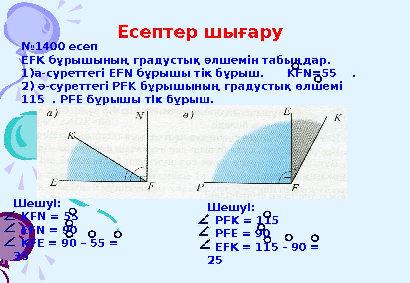 Есептер шығару № 1400 есеп Е FK бұрышының градустық өлшемін табыңдар. 1) а-суреттегі EFN бұрышы тік бұрыш. KFN=55 .