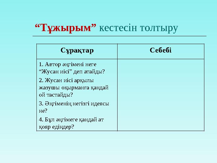 “Тұжырым” кестесін толтыру Сұрақтар Себебі 1. Автор әңгімені неге “Жусан иісі” деп атайды? 2. Жусан иісі арқылы жазушы оқырма