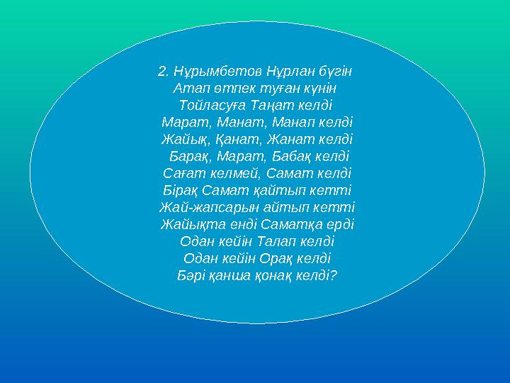 2. Нұрымбетов Нұрлан бүгін Атап өтпек туған күнін Тойласуға Таңат келді Марат, Манат, Манап келді Жайық, Қанат, Жанат ке