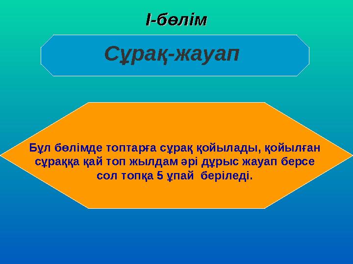 Сұрақ-жауап І-бөлімІ-бөлім Бұл бөлімде топтарға сұрақ қойылады, қойылған сұраққа қай топ жылдам әрі дұрыс жауап берсе со