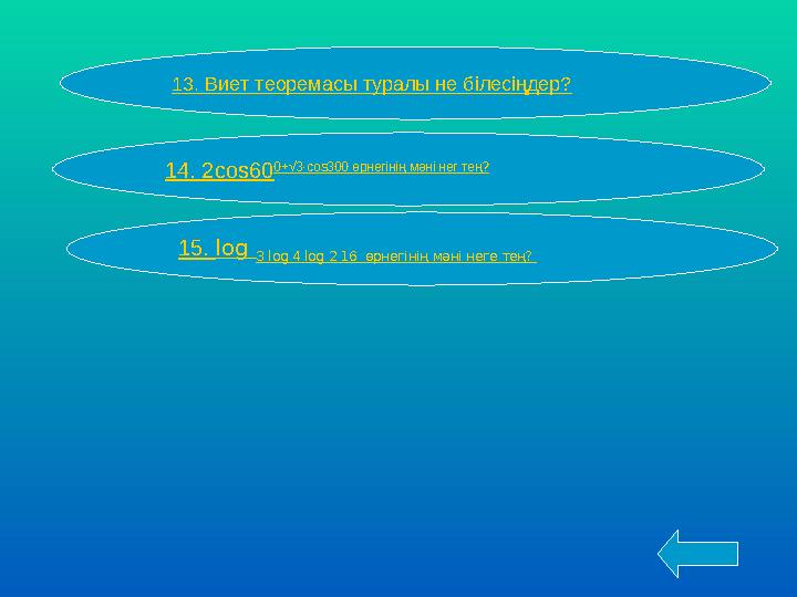 14. 2cos60 0+√3·cos300 өрнегінің мәні нег тең? 15. log 3 log 4 log 2 16 өрнегінің мәні неге тең? 13. Виет теоремасы тура