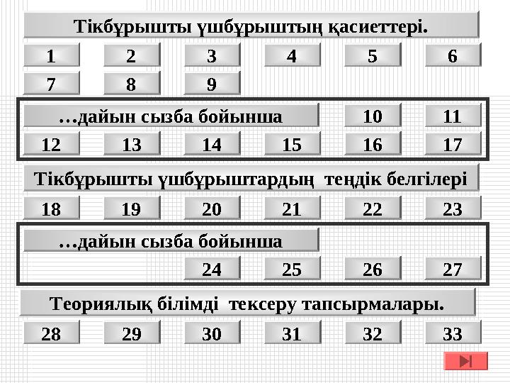 8 9 10 11 13 14 15 16 17 20 21 22 23 24 26 1 2 3 4 5 6 12 19 25 7 Тікбұрышты үшбұрыштың қасиеттері. Теориялық білімді тексеру т