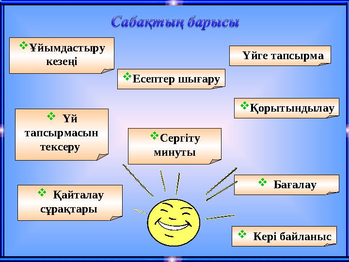  Бағалау Қорытындылау Есептер шығару  Сергіту минуты Үй тапсырмасын тексеру  Ұйымдастыру кезеңі  Қайталау