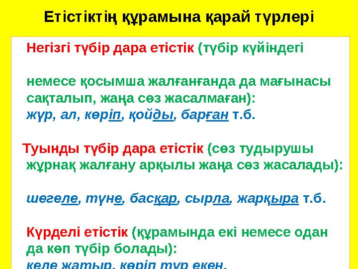 Етістіктің құрамына қарай түрлері Негізгі түбір дара етістік (түбір күйіндегі немесе қосымша жалғанған