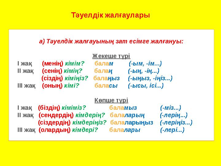 Тәуелдік жалғаулары а) Тәуелдік жалғауының зат есімге жалғануы: Жекеше түрі І жақ (менің) кімім? балам (-ым,