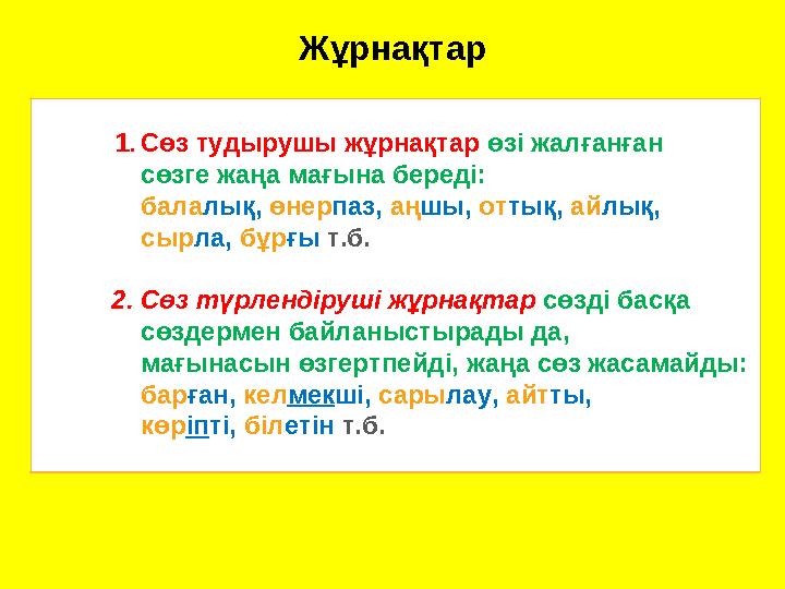 Жұрнақтар 1. Сөз тудырушы жұрнақтар өзі жалғанған сөзге жаңа мағына береді: балалық