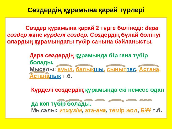 Сөздердің құрамына қарай түрлері Сөздер құрамына қарай 2 түрге бөлінеді: дара сөздер және күрде