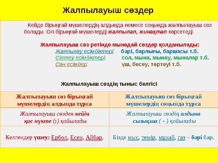 Кейде бірыңғай мүшелердің алдында немесе соңында жалпылауыш сөз болады. Ол бірыңғай мүшелерді жалпылап, жинақтап көрсе