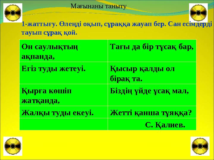 1-жаттығу. Өлеңді оқып, сұраққа жауап бер. Сан есімдерді тауып сұрақ қой. Он саулықтың ақпанда, Тағы да бір тұсақ бар, Егіз