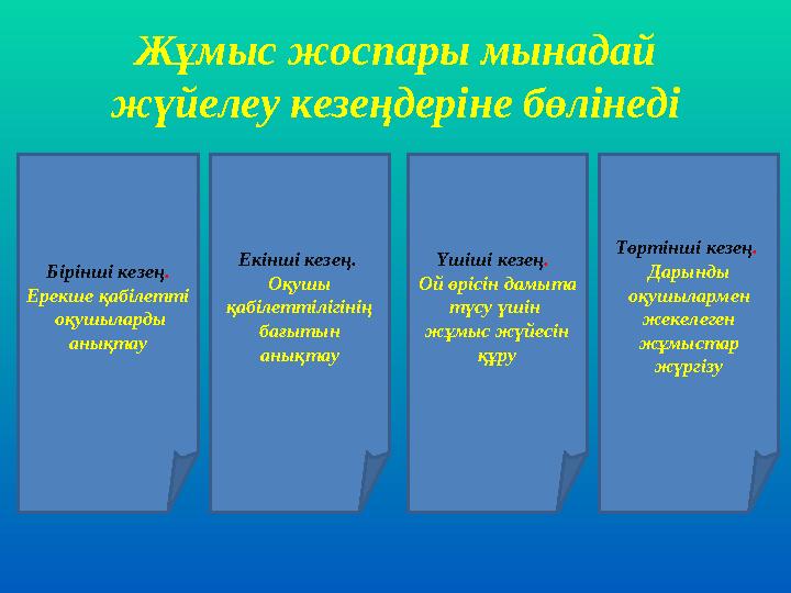 Жұмыс жоспары мынадай жүйелеу кезеңдеріне бөлінеді Бірінші кезең . Ерекше қабілетті оқушыларды анықтау Екінші кезең. Оқуш