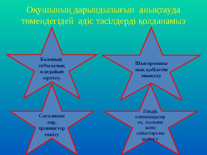 Оқушының дарындылығын анықтауда төмендегідей әдіс тәсілдерді қолданамыз Баланың отбасылық жағдайын зерттеу. Шығармашы лық