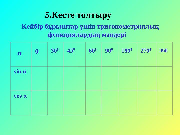5.Кесте толтыру Кейбір бұрыштар үшін тригонометриялық функциялардың мәндері α 0 30 0 45 0 60 0 90 0 180 0