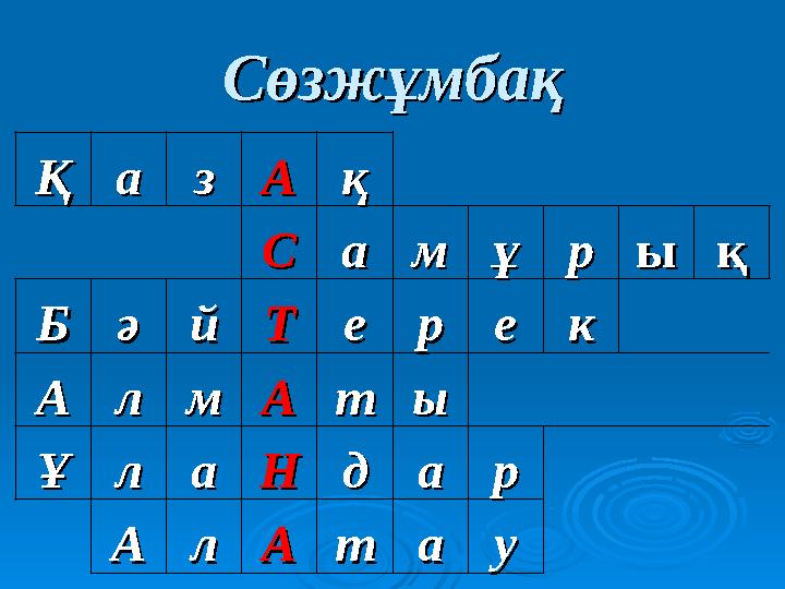 СөзжұмбақСөзжұмбақ ҚҚааззААққ ССааммұұррыыққ ББәәййТТеерреекк ААллммААттыы ҰҰллааННддаарр ААллААттаауу