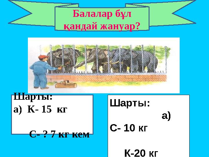 Балалар бұл қандай жануар? Шарты: а) К- 15 кг С- ? 7 кг кем Шарты: