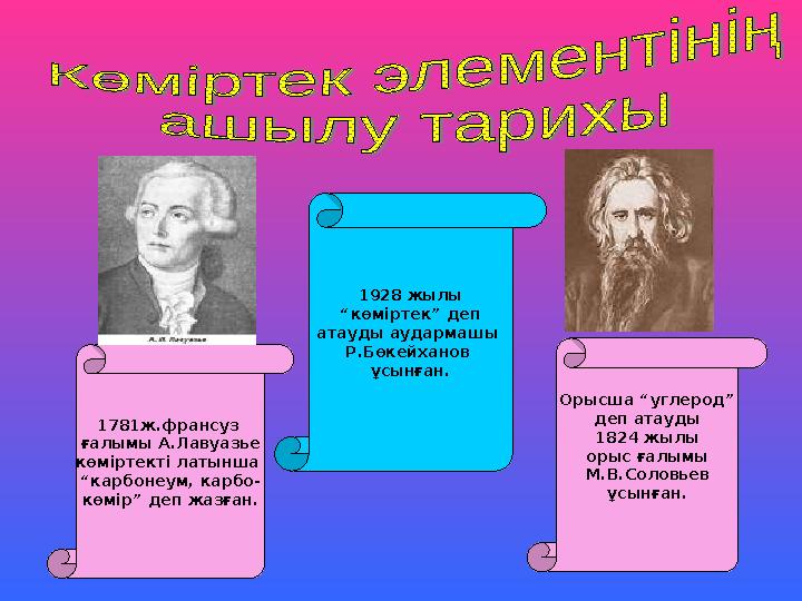 1781ж.франсуз ғалымы А.Лавуазье көміртекті латынша “карбонеум, карбо- көмір” деп жазған. Орысша “углерод” деп атауды 1824 жыл