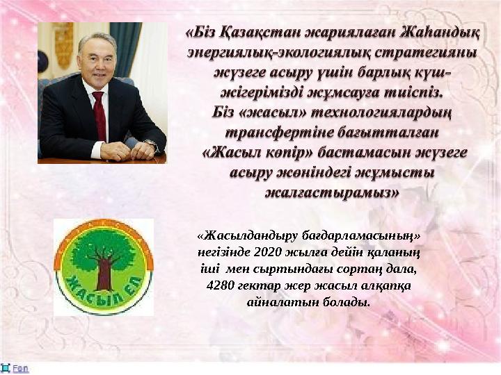 «Жасылдандыру бағдарламасының» негізінде 2020 жылға дейін қаланың іші мен сыртындағы сортаң дала, 4280 гектар жер жасыл алқа