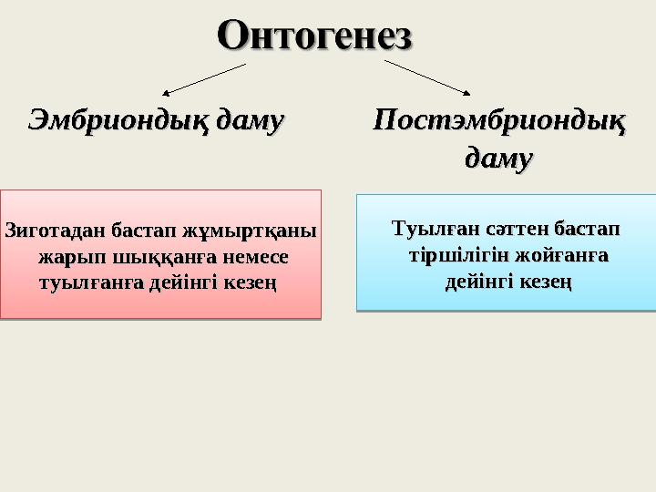 Эмбриондық дамуЭмбриондық даму Постэмбриондық Постэмбриондық дамудамуЗиготадан бастап жұмыртқаныЗиготадан бастап жұмыртқаны ж