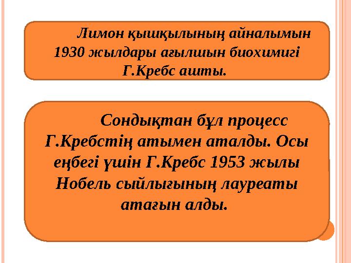 Лимон қышқылының айналымын 1930 жылдары ағылшын биохимигі Г.Кребс ашты. Сондықтан бұл процесс Г.Кребстің атымен аталды. Ос