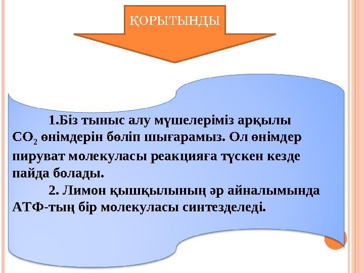 ҚОРЫТЫНДЫ 1.Біз тыныс алу мүшелеріміз арқылы СО 2 өнімдерін бөліп шығарамыз. Ол өнімдер пируват молекуласы реакцияға түскен