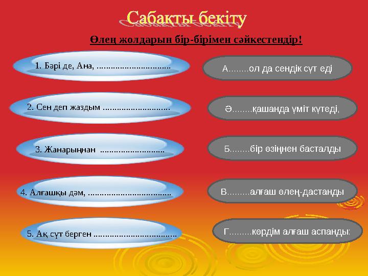 1. Бәрі де, Ана, ................................ 3. Жанарыңнан ............................ 4. Алғашқы дәм, ..................