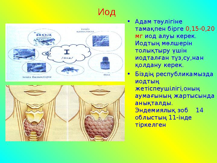 Иод •Адам тәулігіне тамақпен бірге 0,15-0,20 мг иод алуы керек. Иодтың мөлшерін толықтыру үшін иодталған тұз,су,нан қолдан