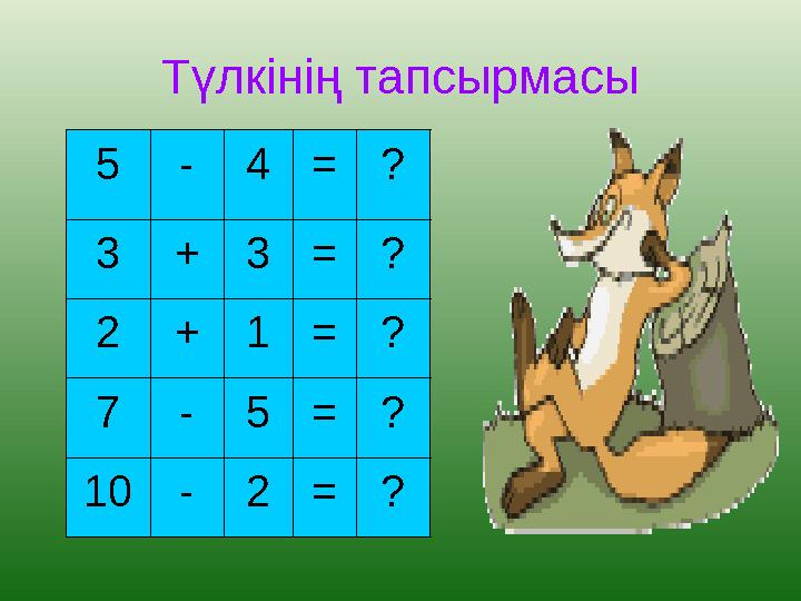 Түлкінің тапсырмасы 5-4=? 3+3=? 2+1=? 7-5=? 10-2=?