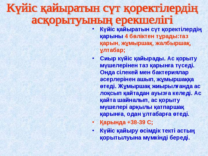 •Күйіс қайыратын сүт қоректілердің қарыны 4 бөліктен тұрады:таз қарын, жұмыршақ, жалбыршақ, ұлтабар; •Сиыр күйіс қайырады. А