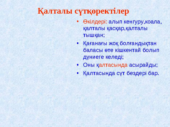 Қалталы сүтқоректілер •Өкілдері: алып кенгуру,коала, қалталы қасқар,қалталы тышқан; •Қағанағы жоқ болғандықтан баласы өте кіш