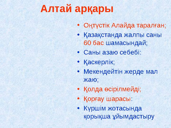 Алтай арқары •Оңтүстік Алайда таралған; •Қазақстанда жалпы саны 60 бас шамасындай; •Саны азаю себебі: •Қаскерлік; •Мекендейтін