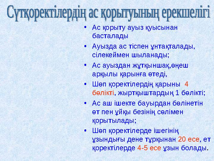 •Ас қорыту ауыз қуысынан басталады •Ауызда ас тіспен ұнтақталады, сілекеймен шыланады; •Ас ауыздан жұтқыншақ,өңеш арқылы қар