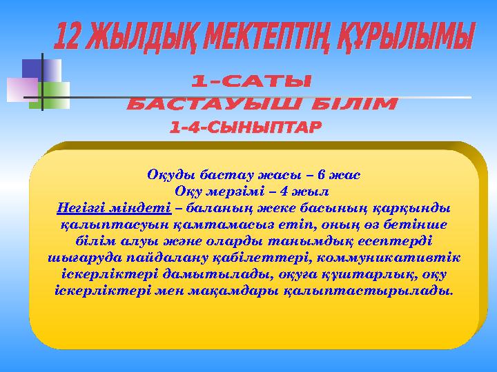 Оқуды бастау жасы – 6 жас Оқу мерзімі – 4 жыл Негізгі міндеті – баланың жеке басының қарқынды қалыптасуын қамтамасыз етіп,