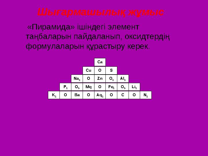 Шығармашылық жұмыс «Пирамида» ішіндегі элемент таңбаларын пайдаланып, оксидтердің формулаларын құрастыру керек. Ca O Zn O Aq