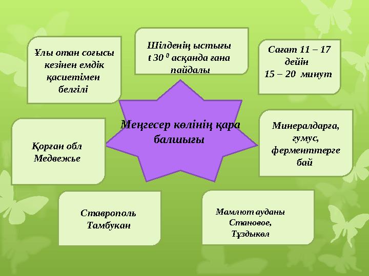 Меңгесер көлінің қара балшығы Ұлы отан соғысы кезінен емдік қасиетімен белгілі Шілденің ыстығы t 30 0 асқанда ғана п