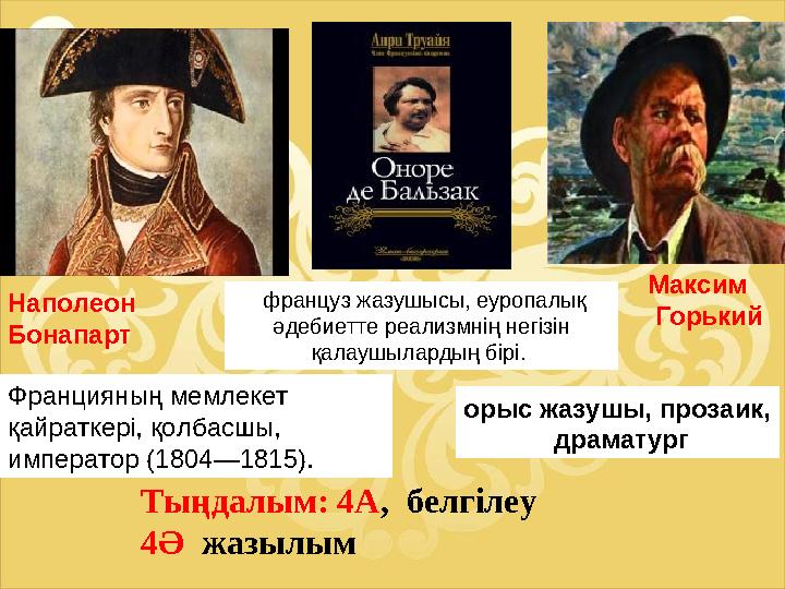 Тыңдалым: 4А, белгілеу 4Ә жазылым Максим Горький Наполеон Бонапарт француз жазушысы, еуропалық әдебиетте реализмнің не