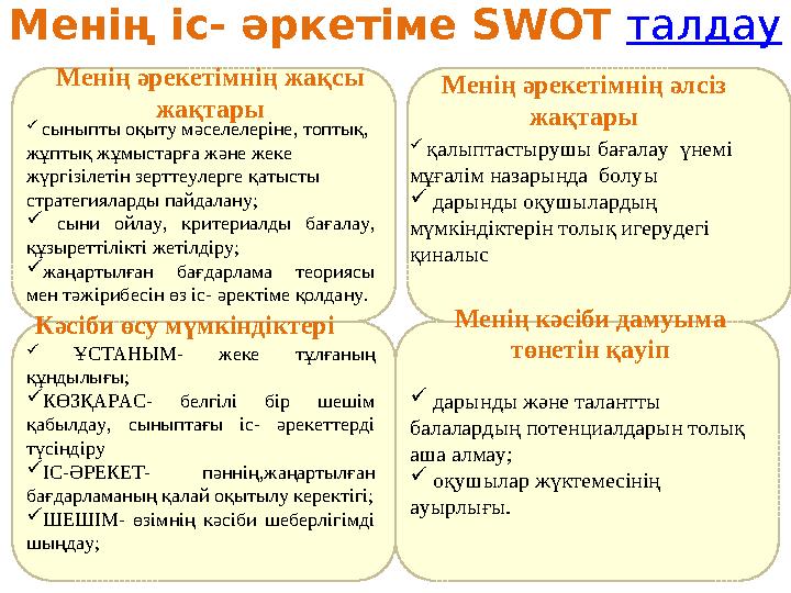 Менің іс- әркетіме SWOT талдау Менің әрекетімнің жақсы жақтары Менің әрекетімнің әлсіз жақтары Кәсіби өсу мүмкіндіктері Ме