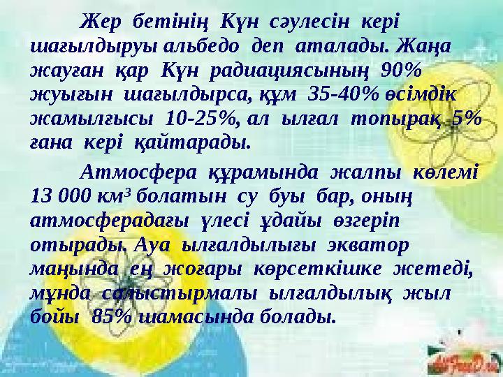 Жер бетінің Күн сәулесін кері шағылдыруы альбедо деп аталады. Жаңа жауған қар Күн радиациясының 90 % жуығын ша