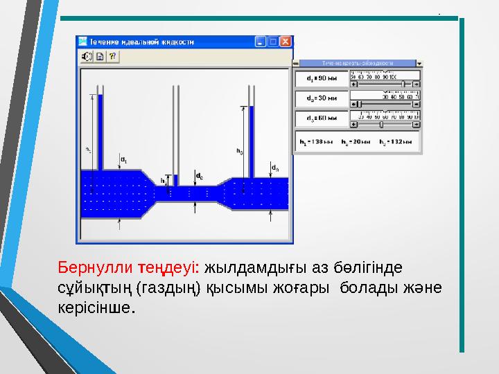 Бернулли теңдеуі: жылдамдығы аз бөлігінде сұйықтың (газдың) қысымы жоғары болады және керісінше.