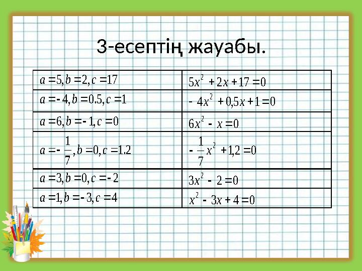 3-есептің жауабы. 17,2,5  cba 01725 2 xx 1,5.0,4  cba 015,04 2  xx 0,1,6  cba 06 2 xx 2.1,0, 7 1 