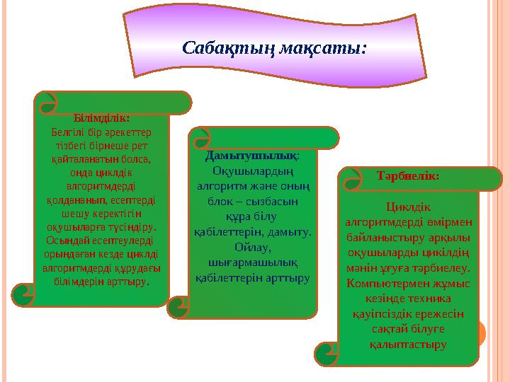 Сабақтың мақсаты: Білімділік: Белгілі бір әрекеттер тізбегі бірнеше рет қайталанатын болса, онда циклдік алгоритмдерді қо