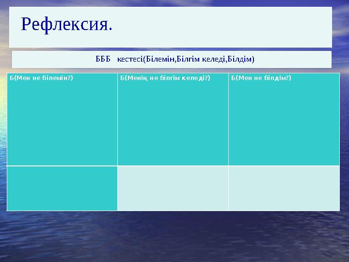 Б(Мен не білемін?) Б(Менің не білгім келеді?) Б(Мен не білдім?) Рефлексия. БББ кестесі(Білемін,Білгім келеді,Білдім)
