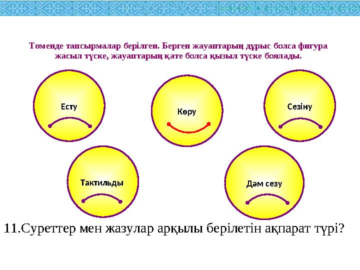 11.Суреттер мен жазулар арқылы берілетін ақпарат түрі? Көру Есту Сезіну Тактильды Дәм сезу Төменде тапсырмалар берілген. Берген