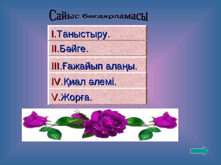 II.II.Бәйге.Бәйге. III.III.Ғажайып алаңы.Ғажайып алаңы. IV.IV.Қиал әлемі.Қиал әлемі. V.V.Жорға.Жорға. I.I.Таныстыру.Танысты