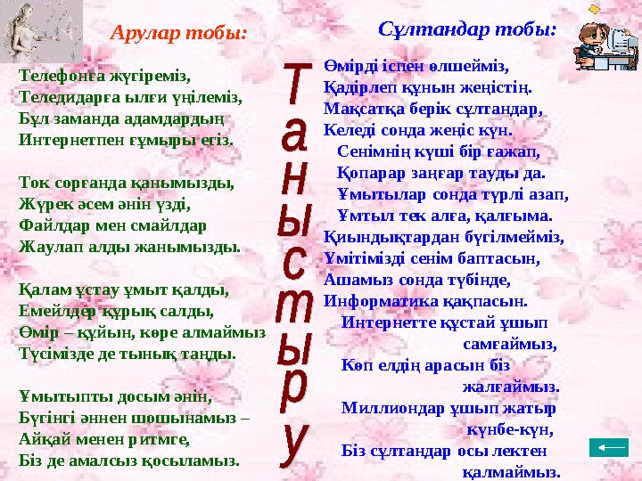 Телефонға жүгіреміз, Теледидарға ылғи үңілеміз, Бұл заманда адамдардың Интернетпен ғұмыры егіз. Ток сорғанда қанымызды, Жүр