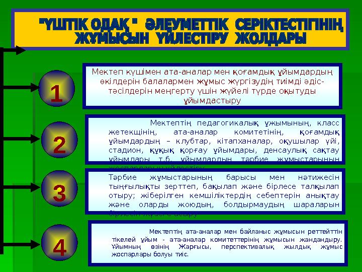 Мектеп күшімен ата-аналар мен қоғамдық ұйымдардың өкілдерін балалармен жұмыс жүргізудің тиімді әдіс- тәсілдерін меңгерту ү