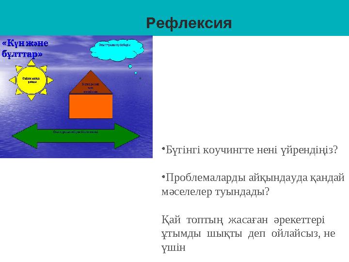 Рефлексия • Бүгінгі коучингте нені үйрендіңіз? • Проблемаларды айқындауда қандай мәселелер туындады? Қай топтың жасаған әр