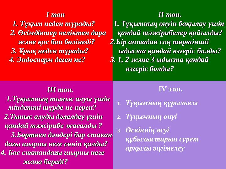 I топ I топ 1. Тұқым неден тұрады? 1. Тұқым неден тұрады? 2. Өсімдіктер неліктен дара 2. Өсімдіктер неліктен дара жә